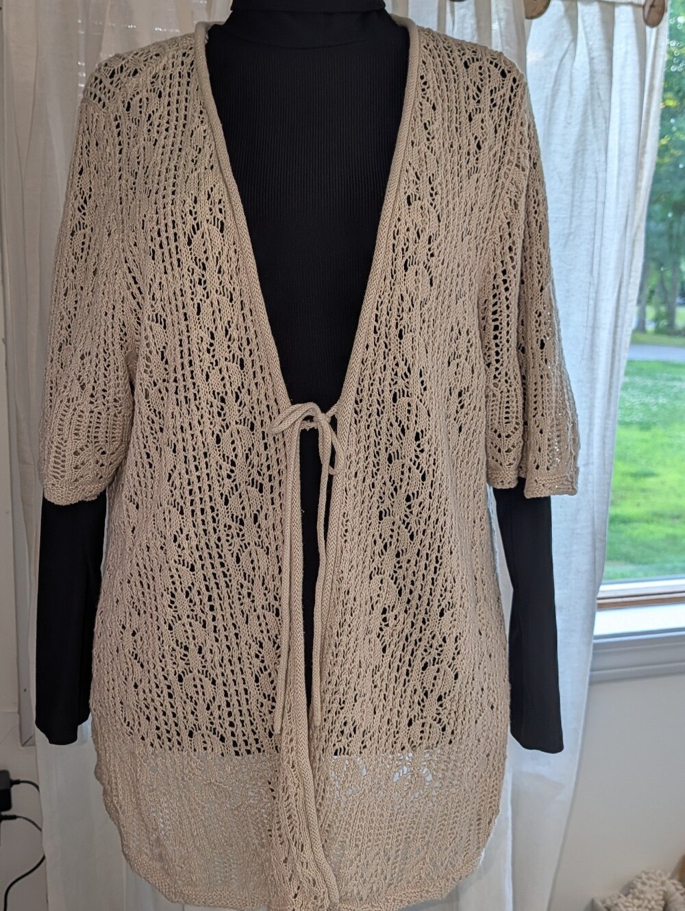Lightweight Beige Crochet Cardigan Sweater - Casual Layering